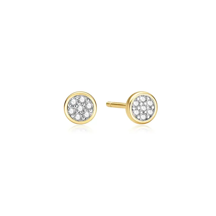 Gold Small Pavé Disc Stud Earrings, • Material: 925 Sterling Silver with 14kt Gold Plating with Cubic Zirconia • Earring Diameter: 5mm • Weight: 0.9g