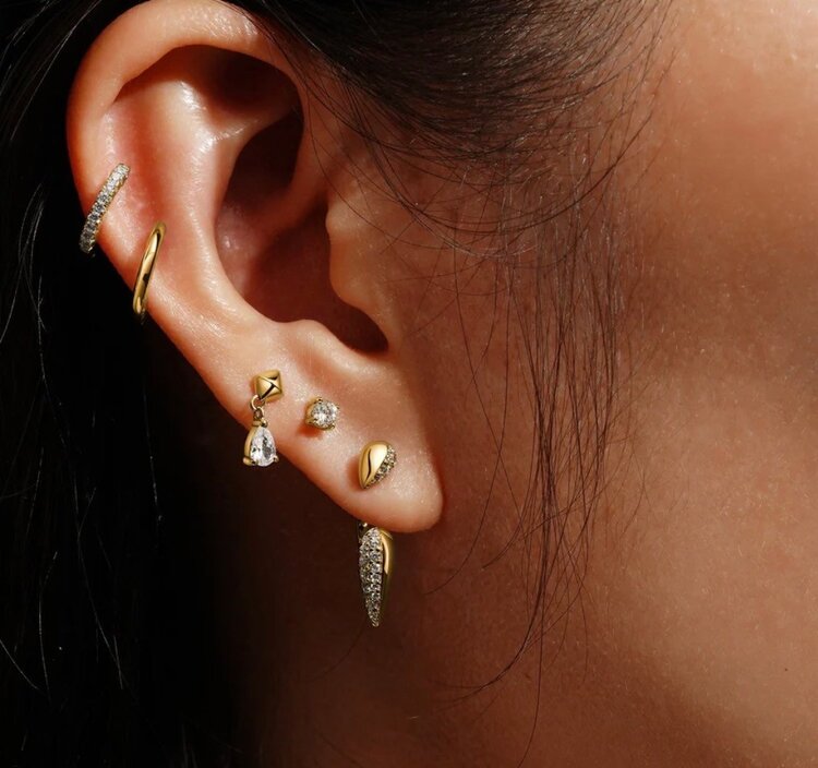 Gold Pyramid Dangle Threaded Stud Earrings Material: 925 Sterling Silver with 14kt Gold Plating?with Cubic Zirconia  Earring Size: 10.5 x 4mm  Weight: 0.9g