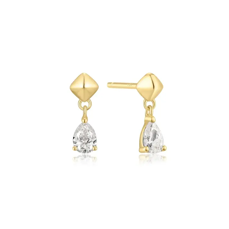 Gold Pyramid Dangle Threaded Stud Earrings Material: 925 Sterling Silver with 14kt Gold Plating?with Cubic Zirconia  Earring Size: 10.5 x 4mm  Weight: 0.9g