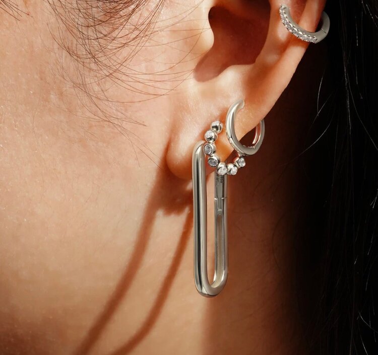 ANIA HAIE Silver Bezel Beaded Huggie Hoop Earrings  Material: 925 Sterling Silver with Rhodium Plating with Cubic Zirconia  Earring Size: 6.5 x 2.7mm  Weight: 2.0g