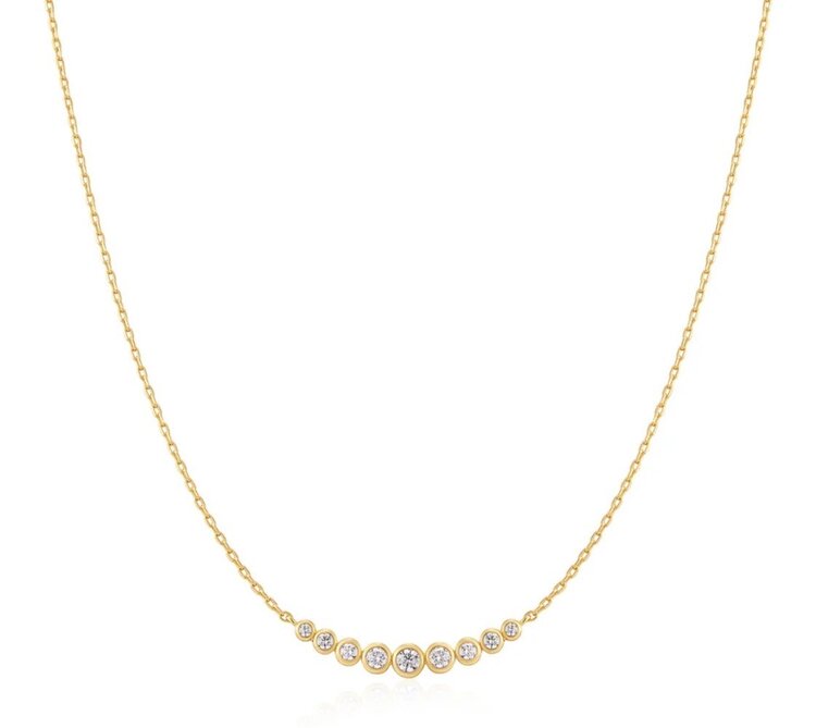 ANIA HAIE Gold Graduated Bezel-Set Necklace • Material: 925 Sterling Silver with 14kt Gold Plating with Cubic Zirconia • Necklace Length: 405mm with 50mm extender • Weight: 2.6g
