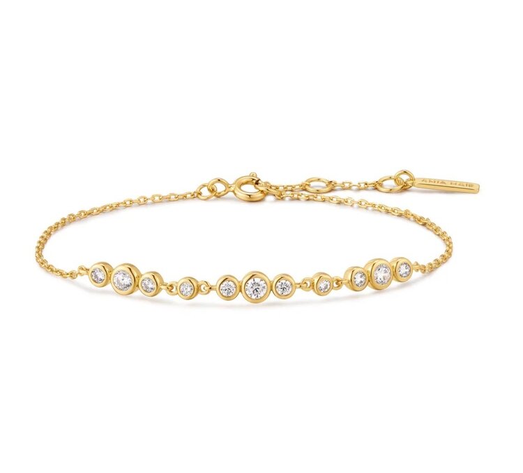 ANIA HAIE Gold Graduated Bezel-Set Trios Bracelet • Material: 925 Sterling Silver with 14kt Gold Plating with Cubic Zirconia • Bracelet length: 165mm with 20mm extender • Weight: 2.3g