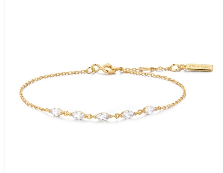 ANIA HAIE Gold Quintet Marquise Bracelet • Material: 925 Sterling Silver with 14kt Gold Plating with Cubic Zirconia • Bracelet length: 165mm with 20mm extender • Weight: 1.5g