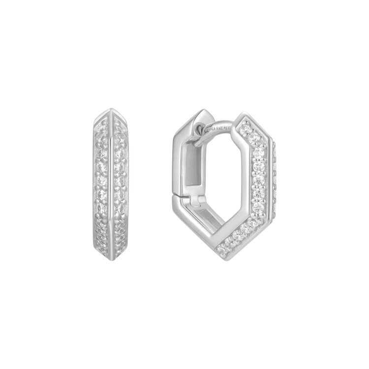ANIA HAIE Sterling Silver Sparkling Shield Huggie Hoop Earrings, Material: 925 Sterling Silver with Rhodium Plating with Cubic Zirconia • Earring Size: 14 x 3mm • Weight: 2.8g