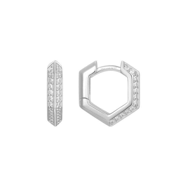 ANIA HAIE Sterling Silver Sparkling Shield Huggie Hoop Earrings, Material: 925 Sterling Silver with Rhodium Plating with Cubic Zirconia • Earring Size: 14 x 3mm • Weight: 2.8g