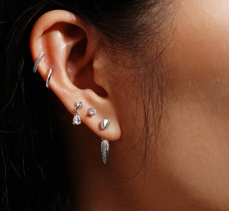 ANIA HAIE Silver Pyramid Dangle Threaded Stud Earrings, Material: 925 Sterling Silver with Rhodium Plating with Cubic Zirconia • Earring Size: 10.5 x 4mm • Weight: 0.9g