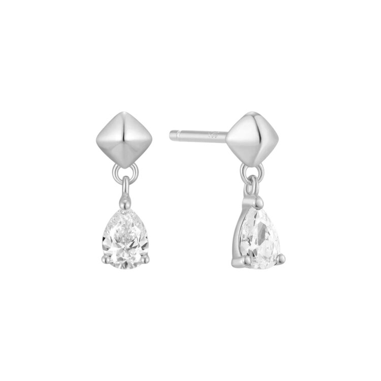 ANIA HAIE Silver Pyramid Dangle Threaded Stud Earrings, Material: 925 Sterling Silver with Rhodium Plating with Cubic Zirconia • Earring Size: 10.5 x 4mm • Weight: 0.9g