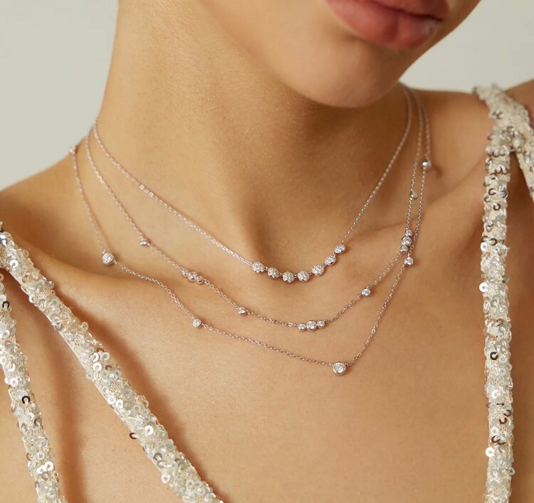 ANIA HAIE Silver Multi Station Round Stone Chain Necklace • Material: 925 Sterling Silver with Rhodium Plating and Cubic Zirconia• Necklace length: 405mm with 50mm extender • Weight: 7.9g