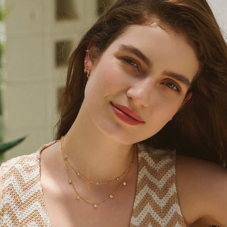 ANIA HAIE Gold Molten Bezel-Set Droplet Station Necklace • Material: 925 Sterling Silver with 14kt Plating and Cubic Zirconia• Necklace length: 405mm with 75mm extender • Weight: 3.5g