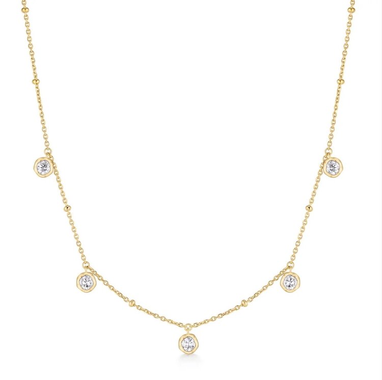 ANIA HAIE Gold Molten Bezel-Set Droplet Station Necklace • Material: 925 Sterling Silver with 14kt Plating and Cubic Zirconia• Necklace length: 405mm with 75mm extender • Weight: 3.5g