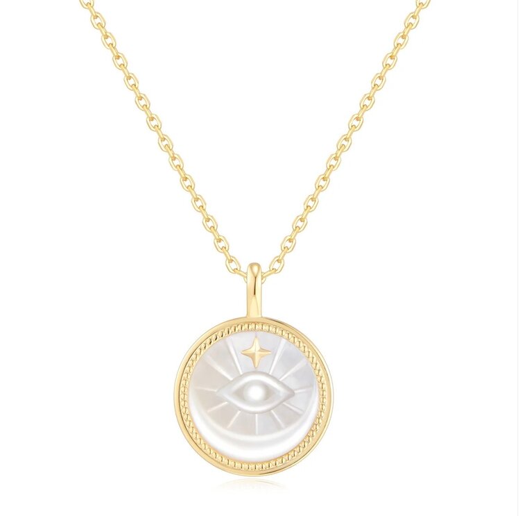 ANIA HAIE Gold Evil Eye Mother-of-Pearl Medallion Necklace • Material: 925 Sterling Silver with 14kt Plating and Cubic Zirconia• Necklace length: 450mm with 50mm extender • Weight: 6.5g