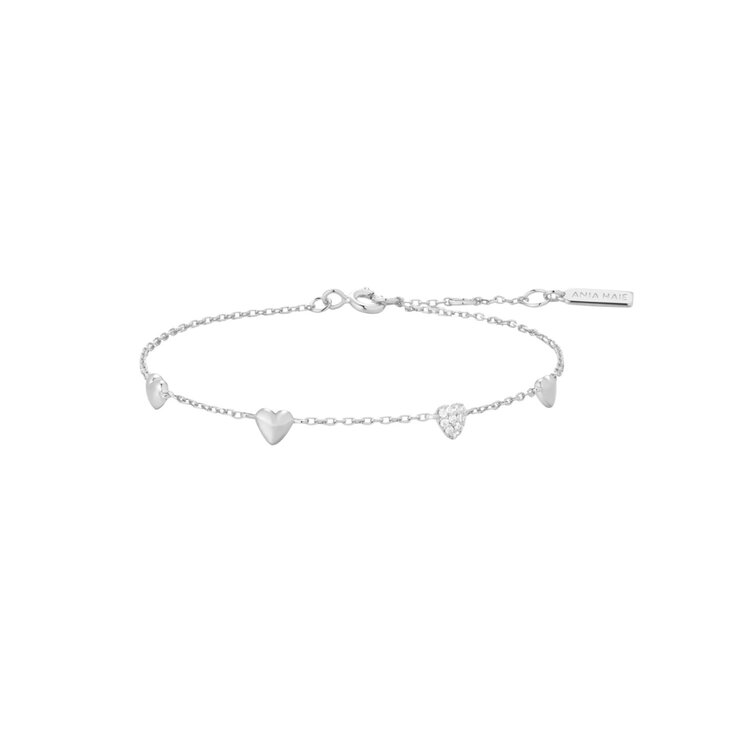 ANIA HAIE Silver Pave Puffed Heart Station Bracelet • Material: 925 Sterling Silver with Rhodium Plating and Cubic Zirconia• Necklace length: 165mm with 20mm extender • Weight: 1.7g