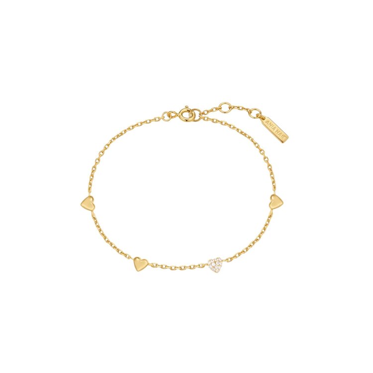 ANIA HAIE Gold Pave Puffed Heart Station Bracelet • Material: 925 Sterling Silver with 14kt Gold Plating with Cubic Zirconia • Bracelet length: 165mm with 20mm extender • Weight: 1.7g