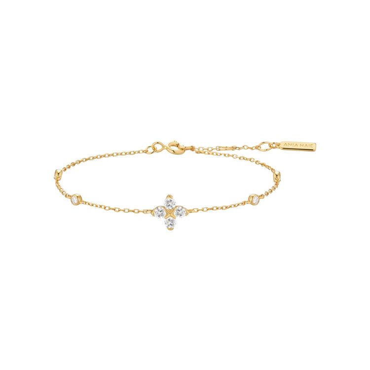 ANIA HAIE Gold Sparkling Lucky Clover Bracelet • Material: 925 Sterling Silver with 14kt Gold Plating with Cubic Zirconia • Bracelet length: 165mm with 20mm extender • Weight: 1.8g