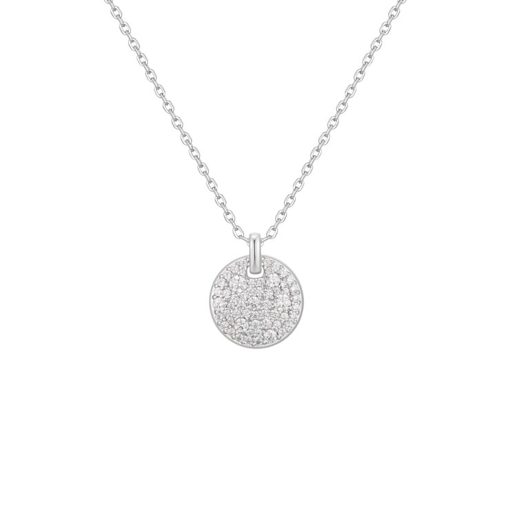 ANIA HAIE Silver Large Pave Disc Necklace • Material: 925 Sterling Silver with Rhodium Plating with Cubic Zirconia • Necklace length: 450mm with 50mm extender • Weight: 6.6g