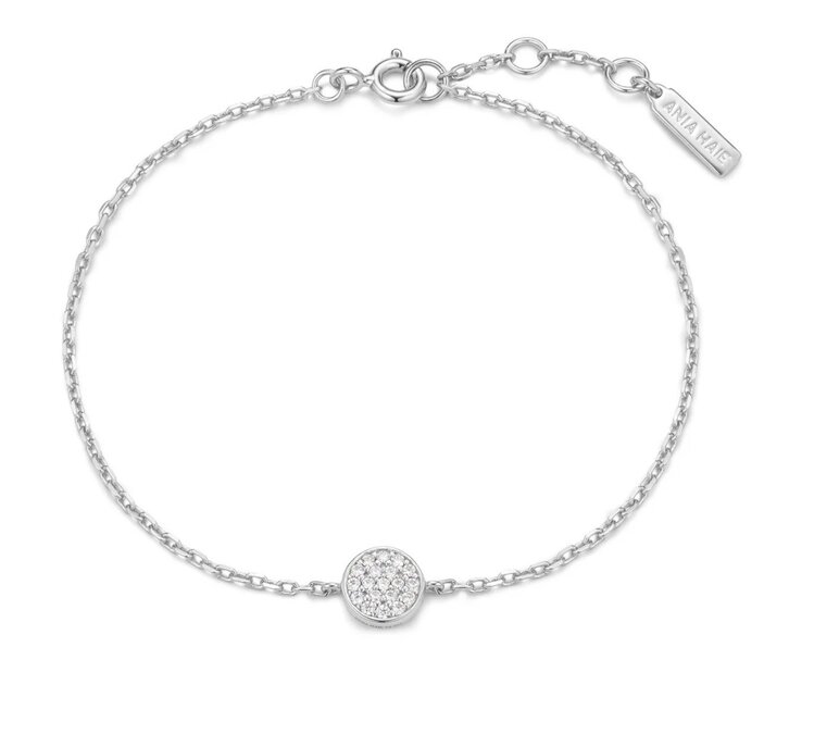 ANIA HAIE Silver Large Pave Disc Bracelet • Material: 925 Sterling Silver with Rhodium Plating with Cubic Zirconia • Necklace length: 165mm with 20mm extender • Weight: 1.8g