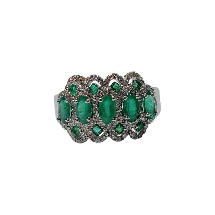 Ryan Gems Inc M(Y) 14KW 1.45CT EM .35CT DIAMOND FASHION RING WITH FIVE OVAL EMERALDS AND EIGHT PRINCESS CUT EMERALD CUT STONES