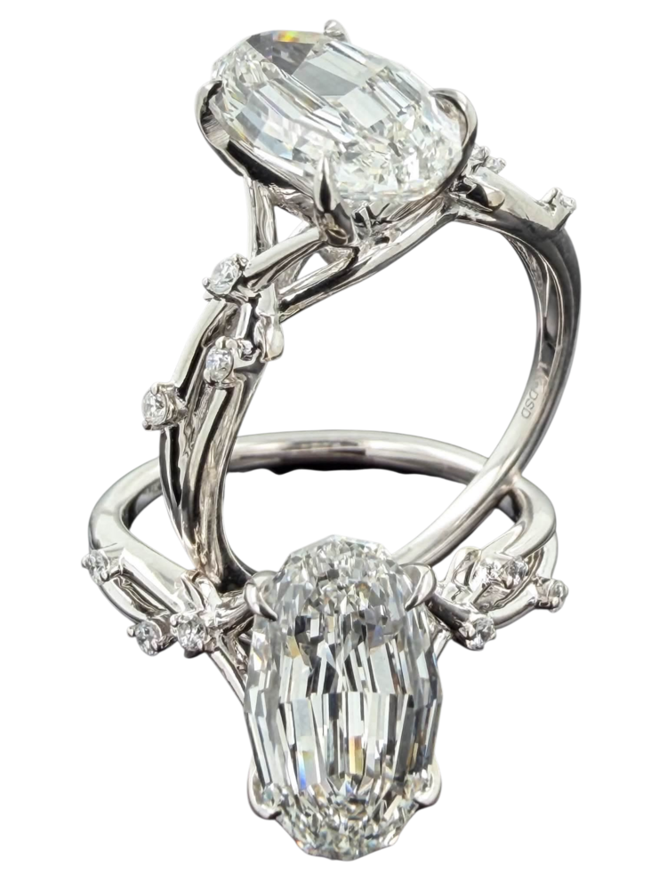 DS DESIGN (Z) 14K 2.58CT LAB .08MT , WHITE GOLD LAB GROWN DIAMOND RING, MOVAL STEP CUT CENTER DIAMOND, 6 ROUND DIAMONDS ON THE SETTING