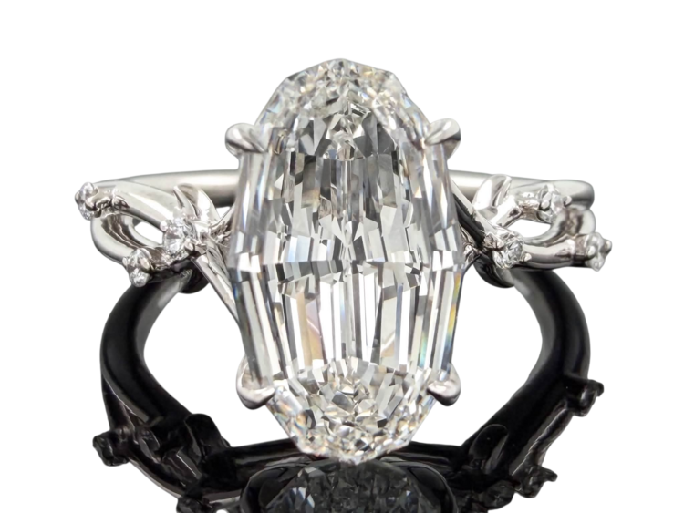 DS DESIGN (Z) 14K 2.58CT LAB .08MT , WHITE GOLD LAB GROWN DIAMOND RING, MOVAL STEP CUT CENTER DIAMOND, 6 ROUND DIAMONDS ON THE SETTING