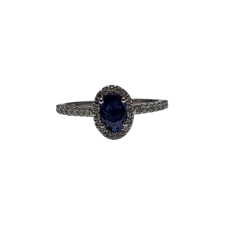 Ryan Gems Inc M(Y) 14K .60CT SAPPHIRE .27CT STRAIGHT LINE DIAMOND HALO ACCENTED LADIES RING