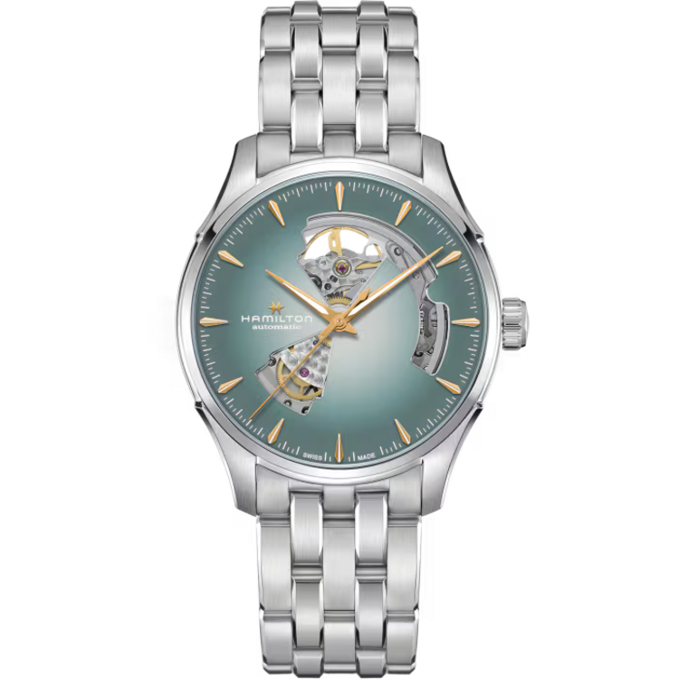 Hamilton HAMILTON JAZZMASTER OPEN HEART AUTO, Reference H32675141 Caliber H-10 Collection Jazzmaster Movement Automatic Case size 40mm Thickness (mm) 11.1 Dial color Blue Case material Stainless steel Crystal Sapphire Lug width 20mm Power reserve 80 hour
