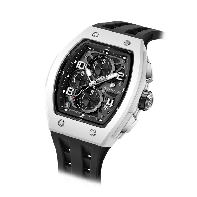 TSAR BOMBA TSAR BOMBA, Size(unit:mm) 44.8(W)x51.5(H)x14.5(T) Strap Size(unit:mm) 210(L)x26(W) Weight 95 G Bezel Material Bio-ceramic Case Material Bio-ceramic Crystal Material Sapphire Water Resistance 5 ATM/5 BAR Luminous Grade A Movement Seiko/Quartz