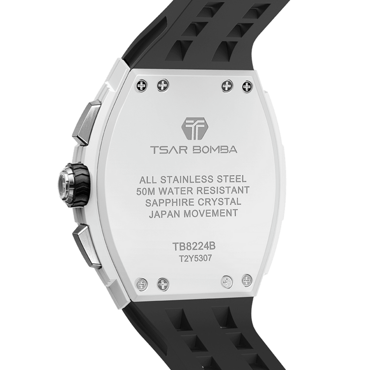 TSAR BOMBA TSAR BOMBA, Size(unit:mm) 44.8(W)x51.5(H)x14.5(T) Strap Size(unit:mm) 210(L)x26(W) Weight 95 G Bezel Material Bio-ceramic Case Material Bio-ceramic Crystal Material Sapphire Water Resistance 5 ATM/5 BAR Luminous Grade A Movement Seiko/Quartz