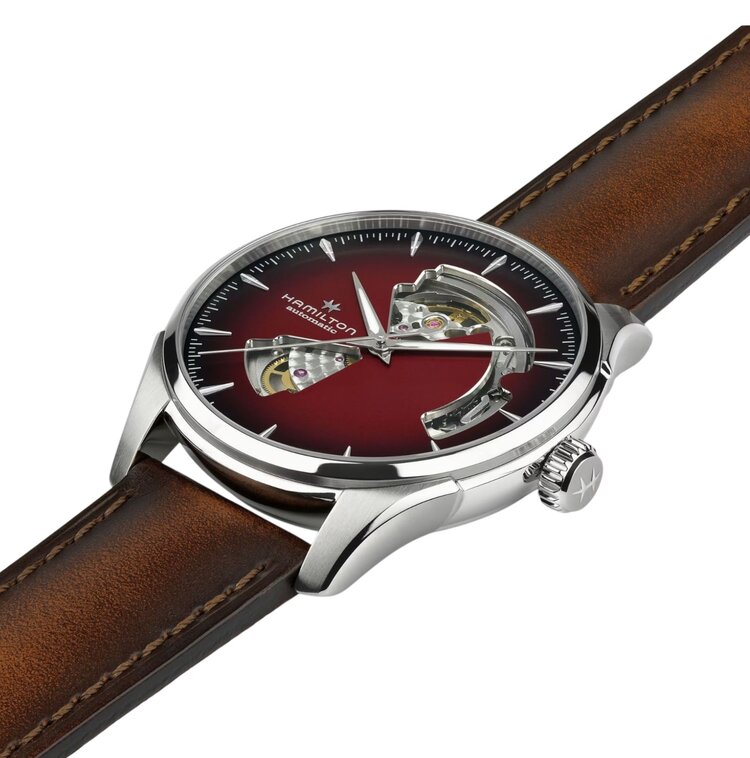 Hamilton HAMILTON JAZZ MASTER OPEN HEART/ Reference H32675570 / Caliber H-10 / Collection Jazzmaster /Movement Automatic/Case size 40MM/Thickness 11.05MM/Dial Color Red/Case Stainless Steel/Crystal Sapphire/80 hr pwr
