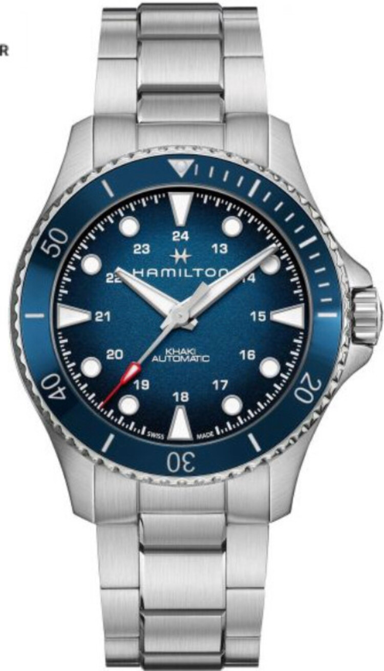 Hamilton HAMILTON KHAKI NAVY/ Reference H82505140/Caliber H-10/Collection Khaki Navy/Movement Automatic/Case size 43mm/Thickness (mm) 12.58/Dial color Blue/Case material Stainless steel/Crystal Sapphire