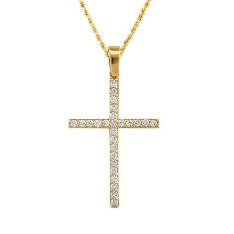 MR BRACELET (X) 14K .05CT DIA CROSS, YELLOW GOLD NATURAL DIAMOND CROSS PENDANT WITH CHAIN , 21 ROUND DIAMONDS