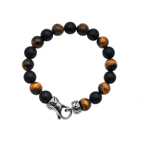 Blackjack (Z)10mm Tiger Eye and Onyx Stainless Steel Beaded Bracelet