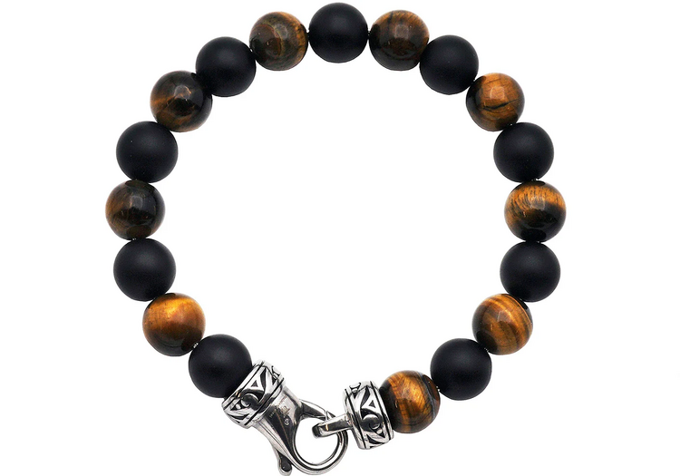 Blackjack (Z)10mm Tiger Eye and Onyx Stainless Steel Beaded Bracelet