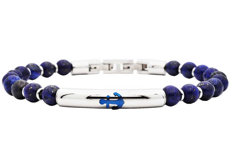 Blackjack (Z)Lapis Lazuli 6mm Bead Stainless Steel Bracelet a Anchor Badge