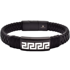 Blackjack (Z) Mens Black Leather Greek Key Stainless Steel Bracelet