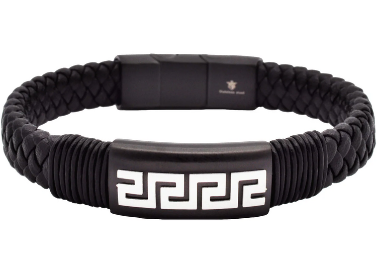 Blackjack (Z) Mens Black Leather Greek Key Stainless Steel Bracelet