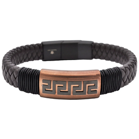 Blackjack (Z) Mens Black Leather Greek Key Chocolate Stainless Steel Bracelet