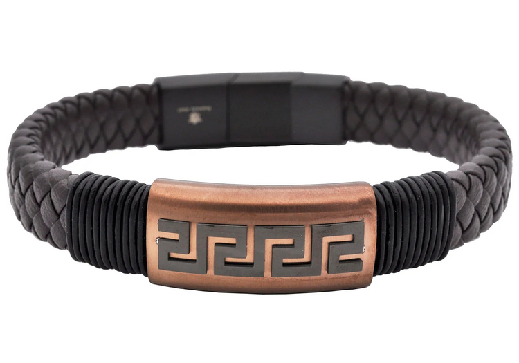 Blackjack (Z) Mens Black Leather Greek Key Chocolate Stainless Steel Bracelet