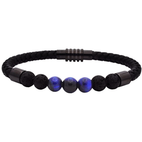 (Z) Genuine Blue Tiger Eye and Lava Stone Black Leather Stainless Steel Bracelet