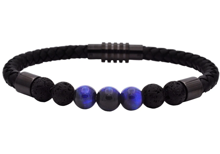 (Z) Genuine Blue Tiger Eye and Lava Stone Black Leather Stainless Steel Bracelet