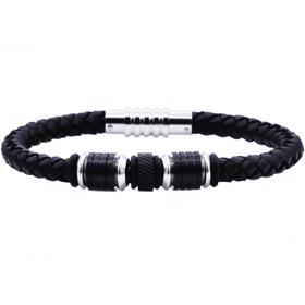 (Z) Mens Black Leather Stainless Steel Bracelet