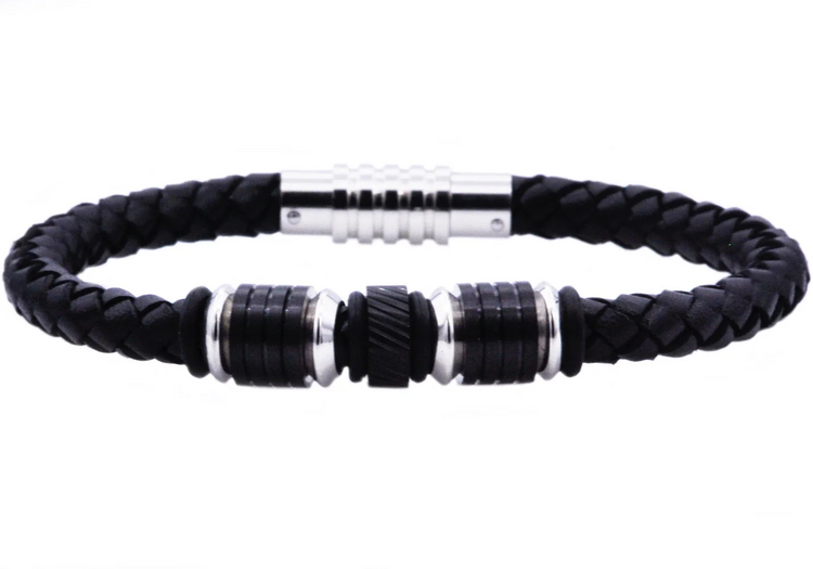 (Z) Mens Black Leather Stainless Steel Bracelet