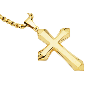 Blackjack (Y) Mens Gold Plated Stainless Steel Cross Pendant Necklace with 24" Round Box Chain