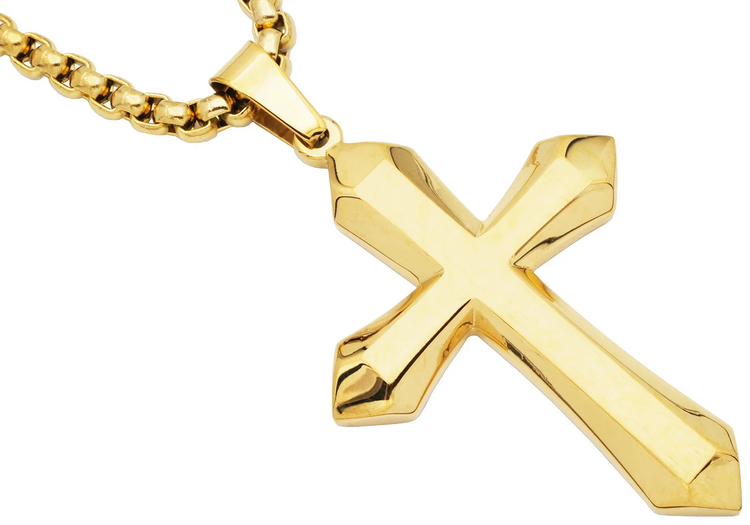 Blackjack (Y) Mens Gold Plated Stainless Steel Cross Pendant Necklace with 24" Round Box Chain