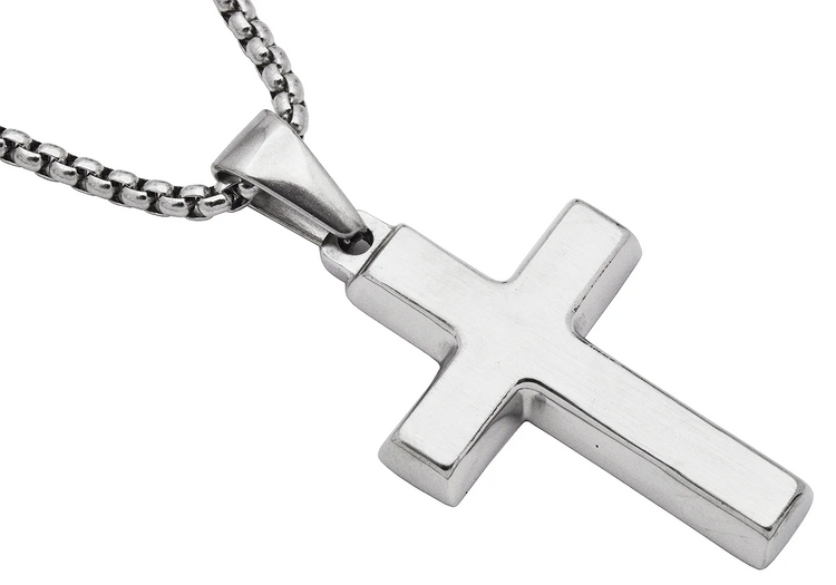 (Y) Mens Stainless Steel Cross Pendant With 24" Round Box Chain