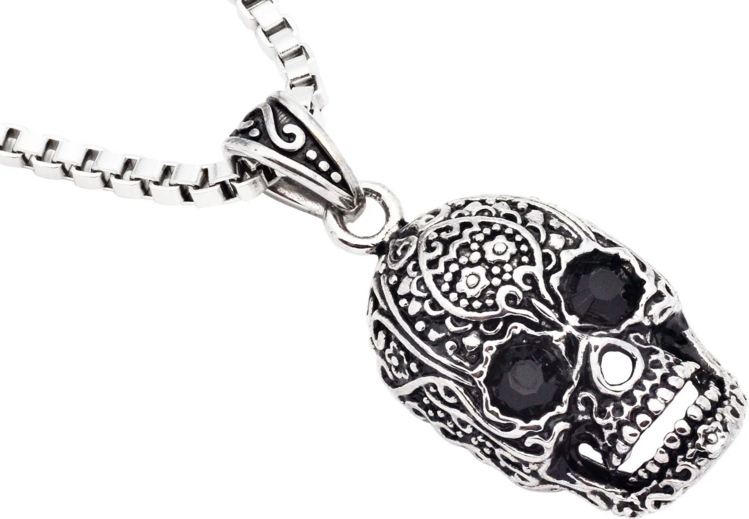 Blackjack (Y) Stainless Steel Skull Pendant With Black Cubic Zirconia