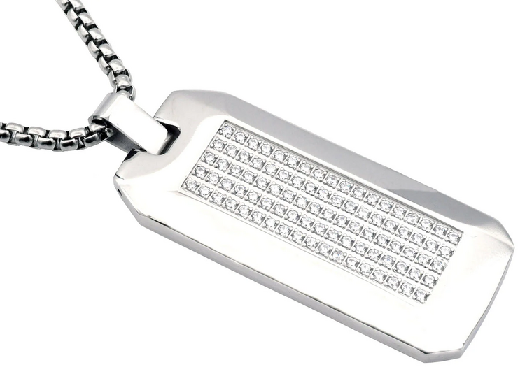 Blackjack (Y) Stainless Steel CZ Dog Tag Pendant Necklace With 24" Round Box Chain