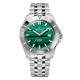 VENEZIANICO Venezianico Nereide Malachite - 4521544S CASE MATERIAL: 316L Stainless Steel DIAL: Malachite natural stone DIMENSIONS: Ø42mm, lug to lug 49mm MOVEMENT: Swiss Made Cal. Sellita SW200-1 Automatic CRYSTAL: Sapphire Crystal with Anti-Reflective Coating