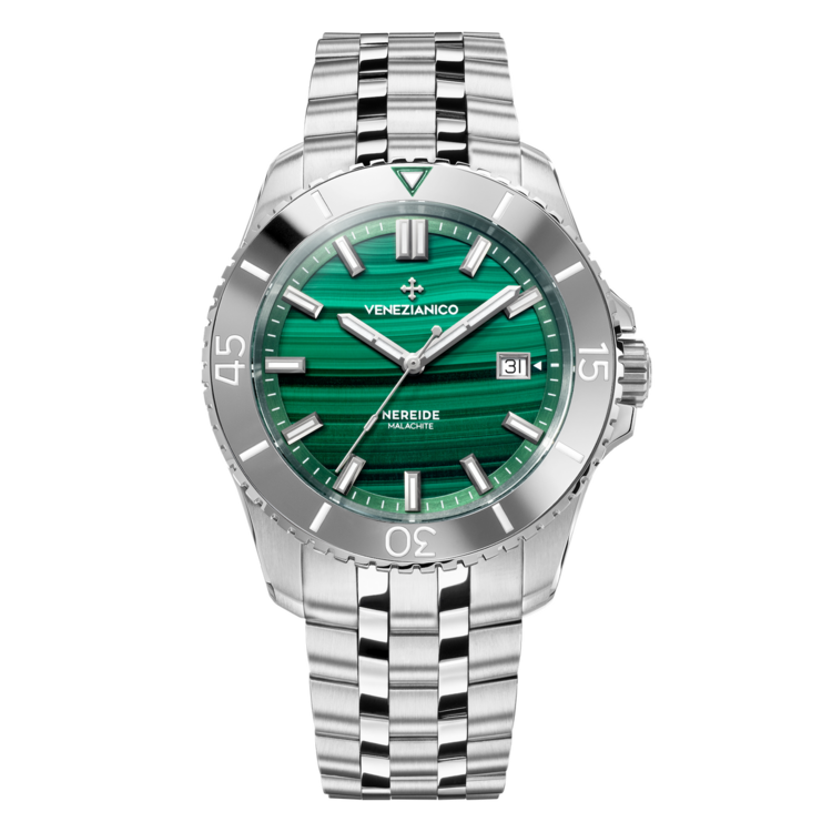 VENEZIANICO Venezianico Nereide Malachite - 4521544S CASE MATERIAL: 316L Stainless Steel DIAL: Malachite natural stone DIMENSIONS: Ø42mm, lug to lug 49mm MOVEMENT: Swiss Made Cal. Sellita SW200-1 Automatic CRYSTAL: Sapphire Crystal with Anti-Reflective Coating