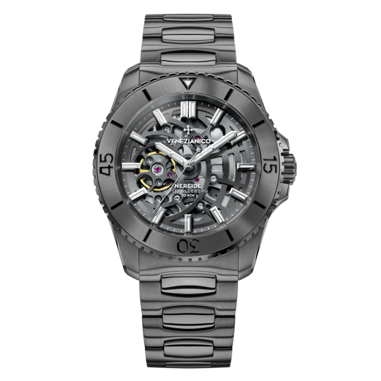 VENEZIANICO Venezianico Nereide Ultraleggero 42 - 3921509C CASE MATERIAL: 316L Stainless Steel, PVD Gunmetal DIMENSIONS: Ø42mm, lug to lug 49mm, thickness 13.4mm MOVEMENT: Automatic Cal. NH70A CRYSTAL: Sapphire Glass with anti-reflective coating