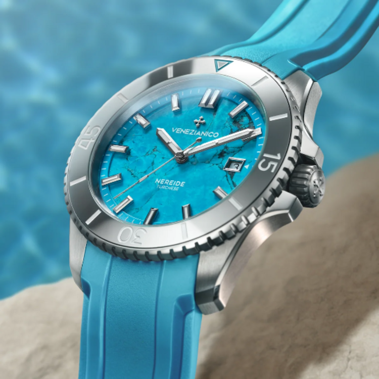 VENEZIANICO Venezianico Nereide Turchese - 4521547 CASE MATERIAL: 316L Stainless Steel DIAL: Turquoise stone DIMENSIONS: Ø42mm, lug to lug 49mm  MOVEMENT: Automatic Cal. Sellita SW200-1 Swiss Made CRYSTAL: Sapphire